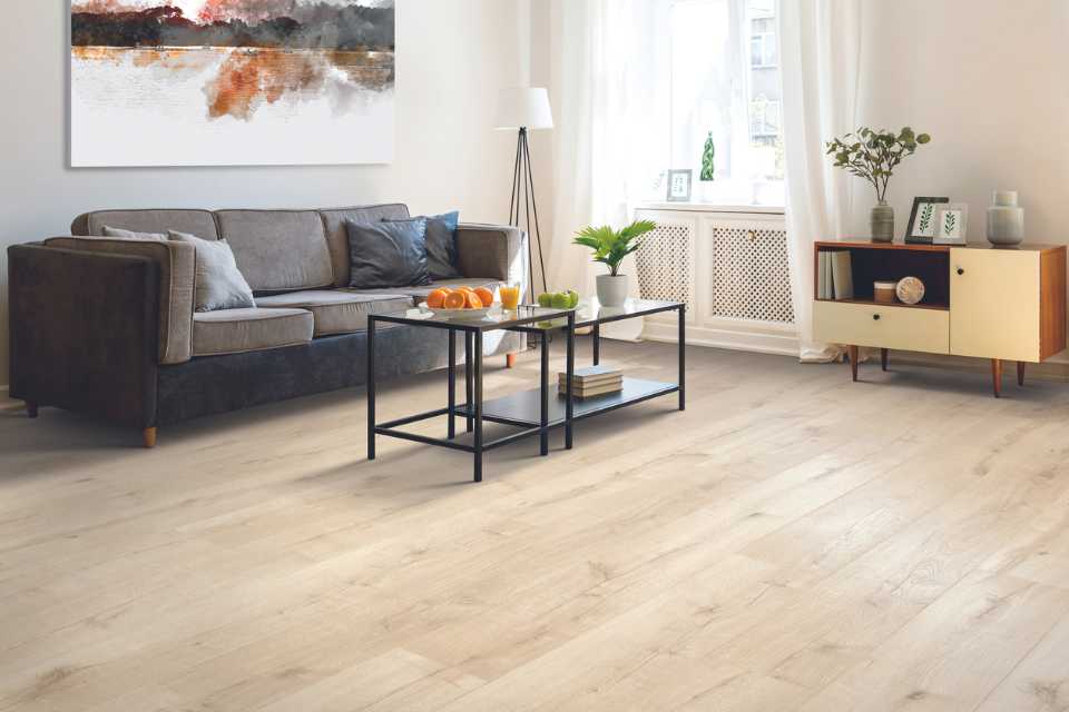 white oak wood-look laminate in living room with mid century modern media console